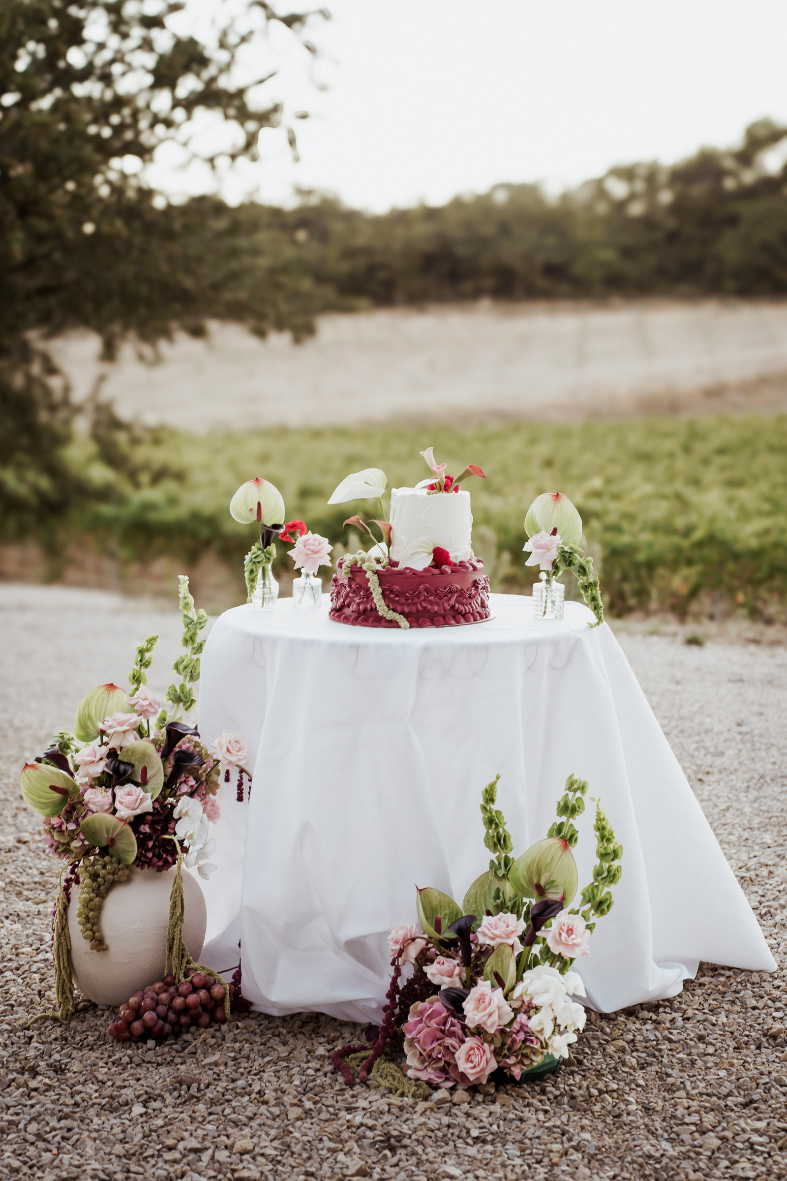 Table du gâteau de mariage fleurie devant le vignoble